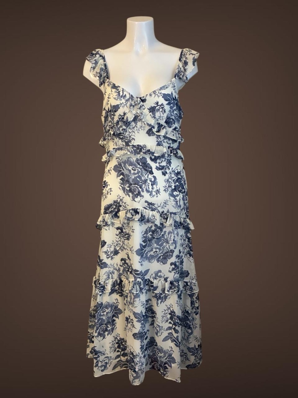 Blue and White Floral Ruffle Maxi Dress